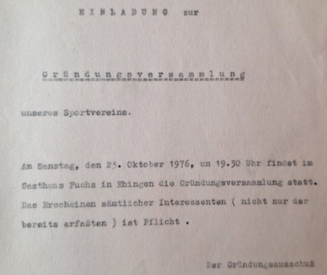 Maschinengeschriebene Einladung zur Gründungsversammlung am Samstag, 23. Oktober 1976, im Gasthaus Fuchs in Ehingen