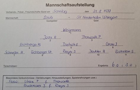 Handschriftlich ausgefüllter Vordruck einer Mannschaftsaufstellung vom 21. August 1977: Laub gegen SV Niederhofen/Ehingen