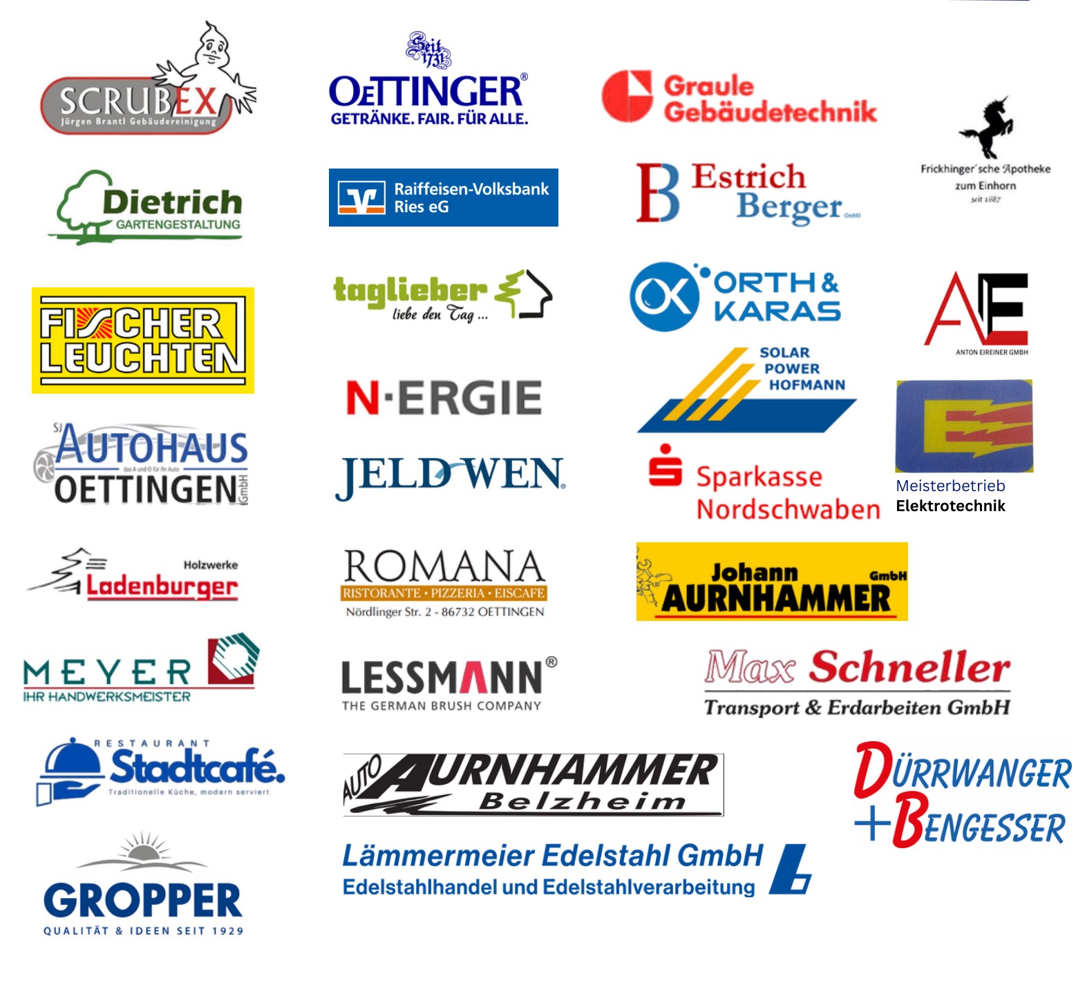 Logos der Werbepartner: Scrubex Jürgen Brantl Gebäudereinigung, Oettinger Getränke, Graule Gebäudetechnik, Frickinger'sche Apotheke zum Einhorn, Dietrich Gartengestaltung, Raiffeisen-Volksbank Ries eG, Estrich Berger, Fischer Leuchten, taglieber, Orth & Karas, Anton Eireiner GmbH, N-ERGIE, Solar Power Hofmann, Autohaus Oettingen, JELD-WEN, Sparkasse Nordschwaben, Meisterbetrieb Elektrotechnik, Holzwerke Ladenburger, Romana Ristorante Pizzeria Eiscafé, Johann Aurnhammer GmbH, Meyer Ihr Handwerksmeister, Lessmann, Max Schneller Transport & Erdarbeiten GmbH, Restaurant Stadtcafé, Auto Aurnhammer Belzheim, Dürrwanger + Bengesser, Lämmermeier Edelstahl GmbH und Gropper
